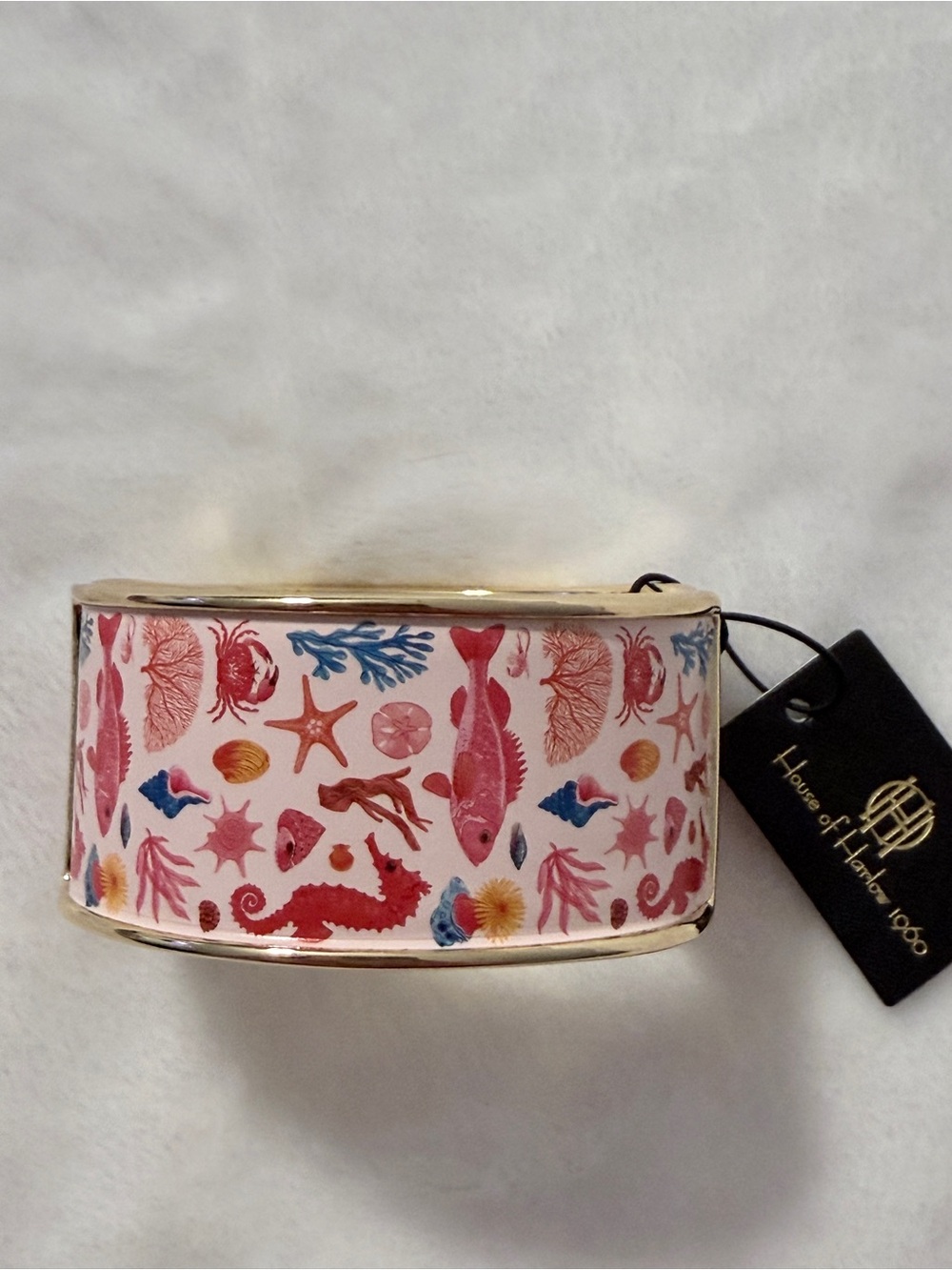 House of Harlow 1960 Gold Enamel Sea Creatures Hinged Cuff Bracelet